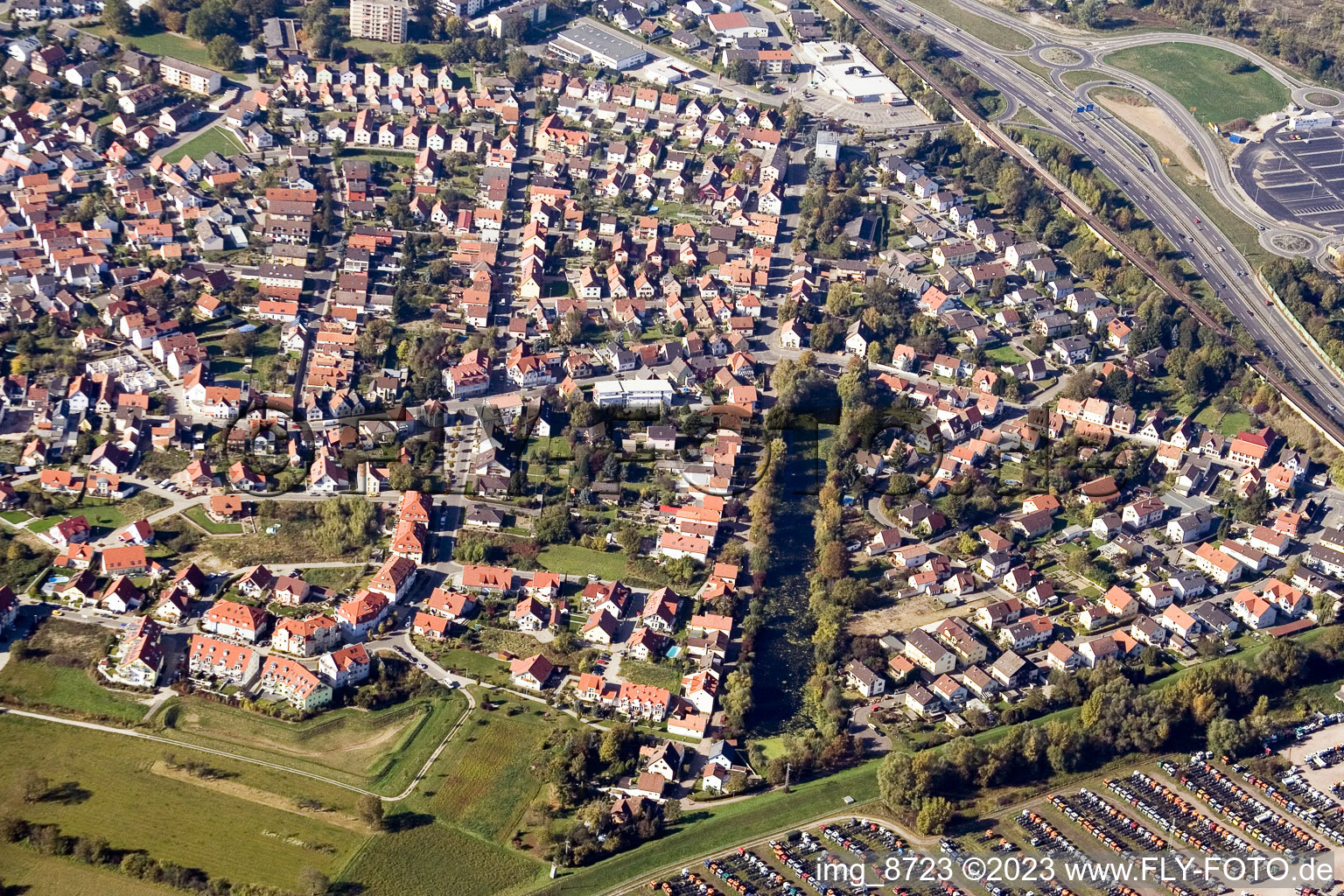 Drone image of District Maximiliansau in Wörth am Rhein in the state Rhineland-Palatinate, Germany