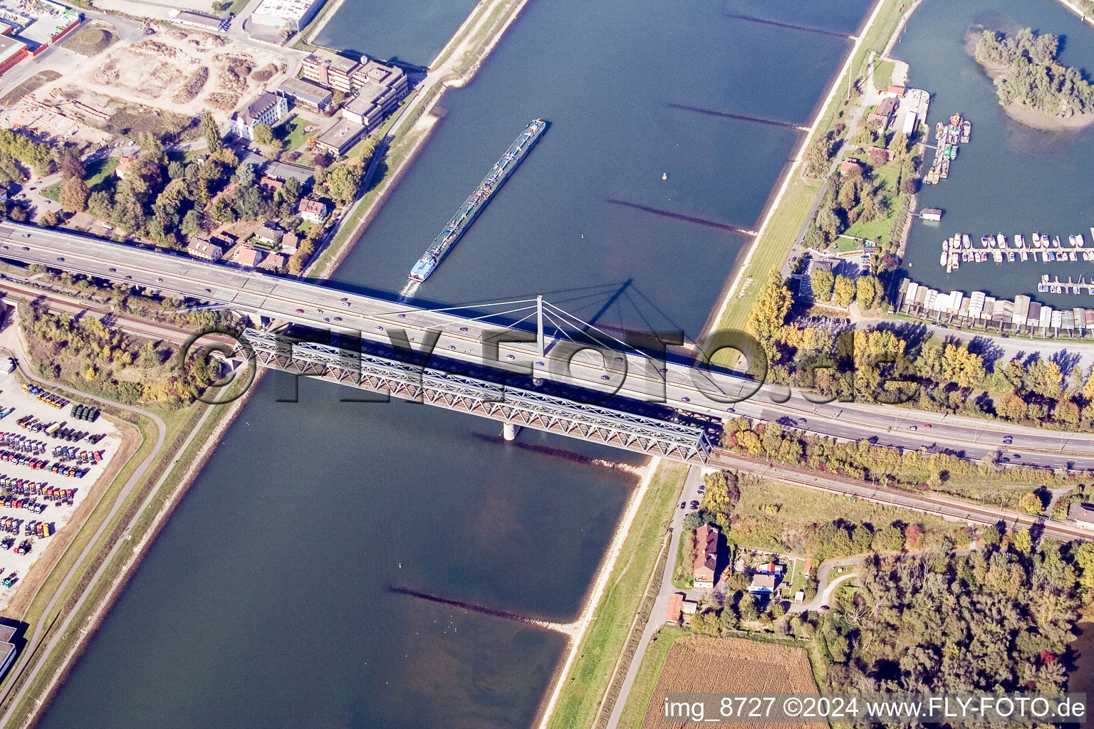 Aerial photograpy of River - bridge construction across the Rhine in the district Knielingen in Karlsruhe in the state Baden-Wurttemberg, Germany