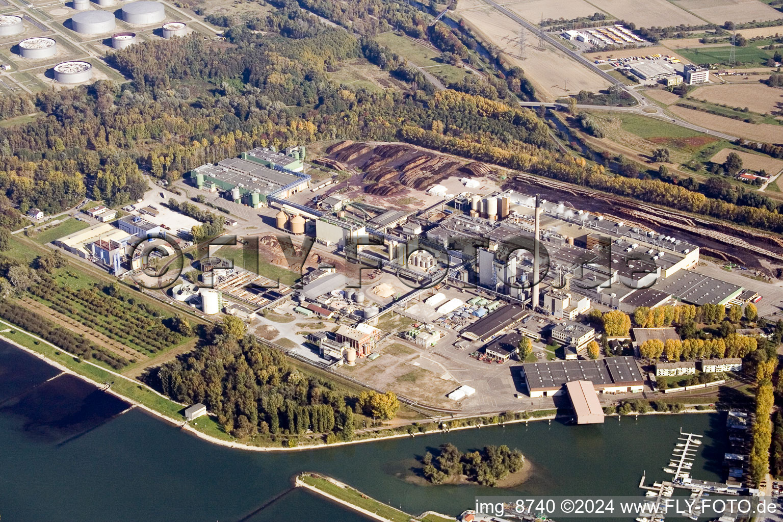 Aerial view of Stora Enso from the west in the district Knielingen in Karlsruhe in the state Baden-Wuerttemberg, Germany