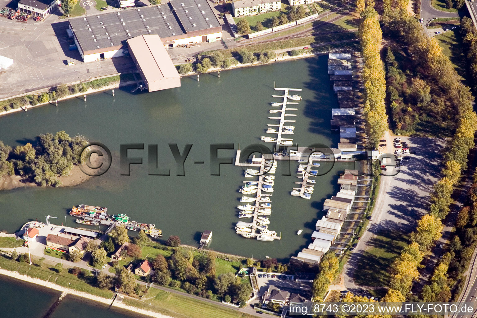 Maxau marina from the west in the district Knielingen in Karlsruhe in the state Baden-Wuerttemberg, Germany