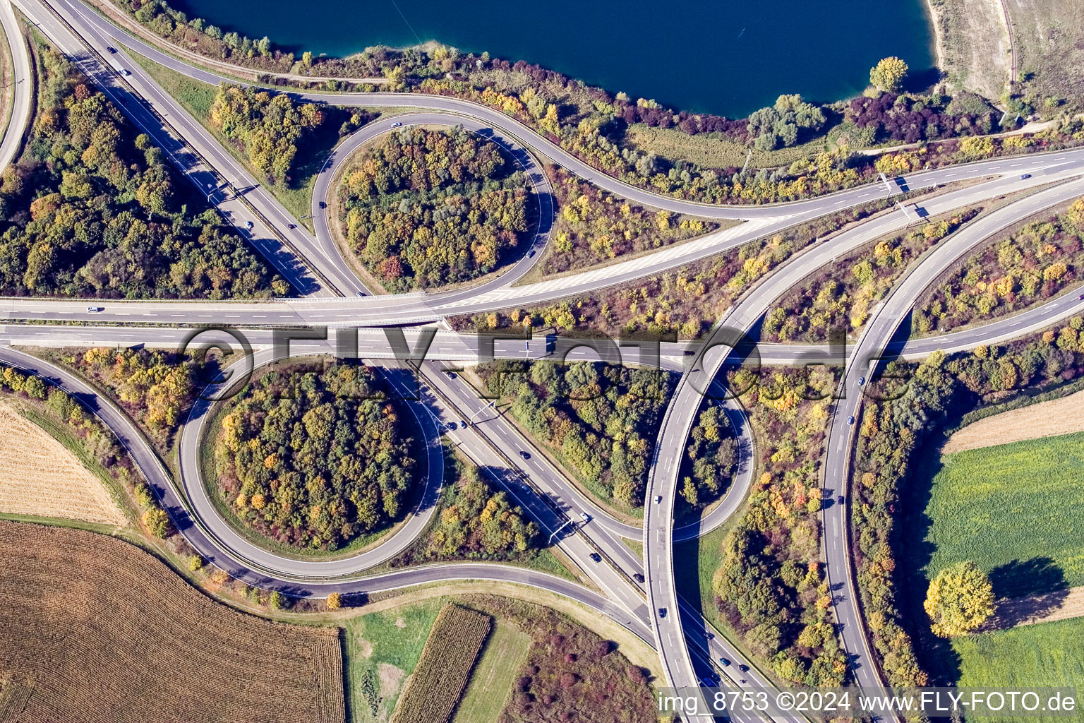 Traffic flow at the intersection- motorway A 65 with B9 in Woerth am Rhein in the state Rhineland-Palatinate, Germany