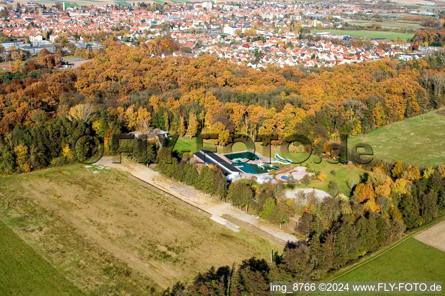 Forest swimming pool in Kandel in the state Rhineland-Palatinate, Germany from the plane