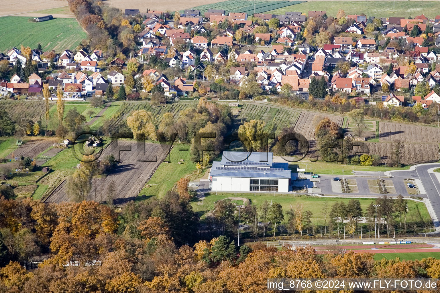 Bienwald Hall in Kandel in the state Rhineland-Palatinate, Germany seen from above