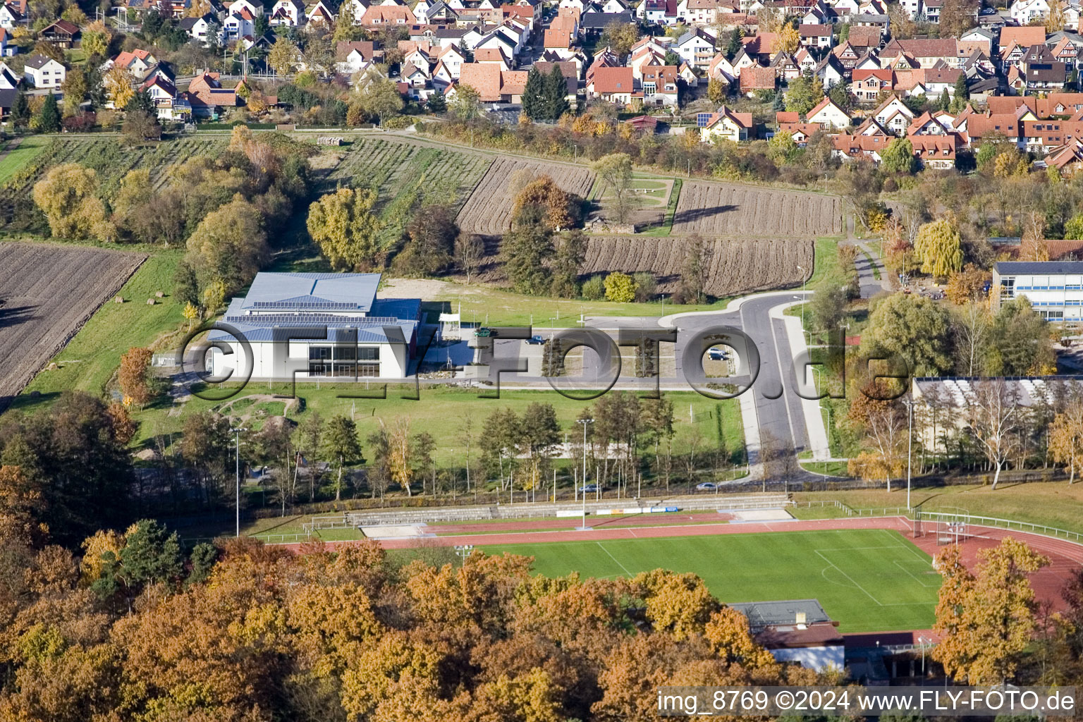 Bienwald Hall in Kandel in the state Rhineland-Palatinate, Germany from the plane