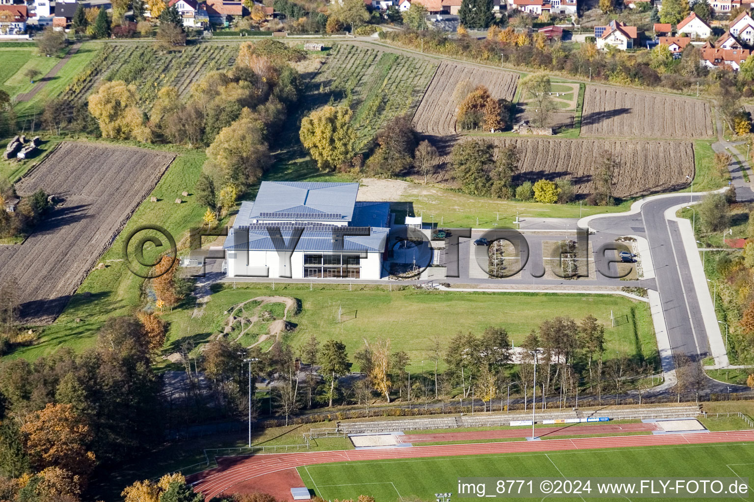 Bird's eye view of Bienwald Hall in Kandel in the state Rhineland-Palatinate, Germany