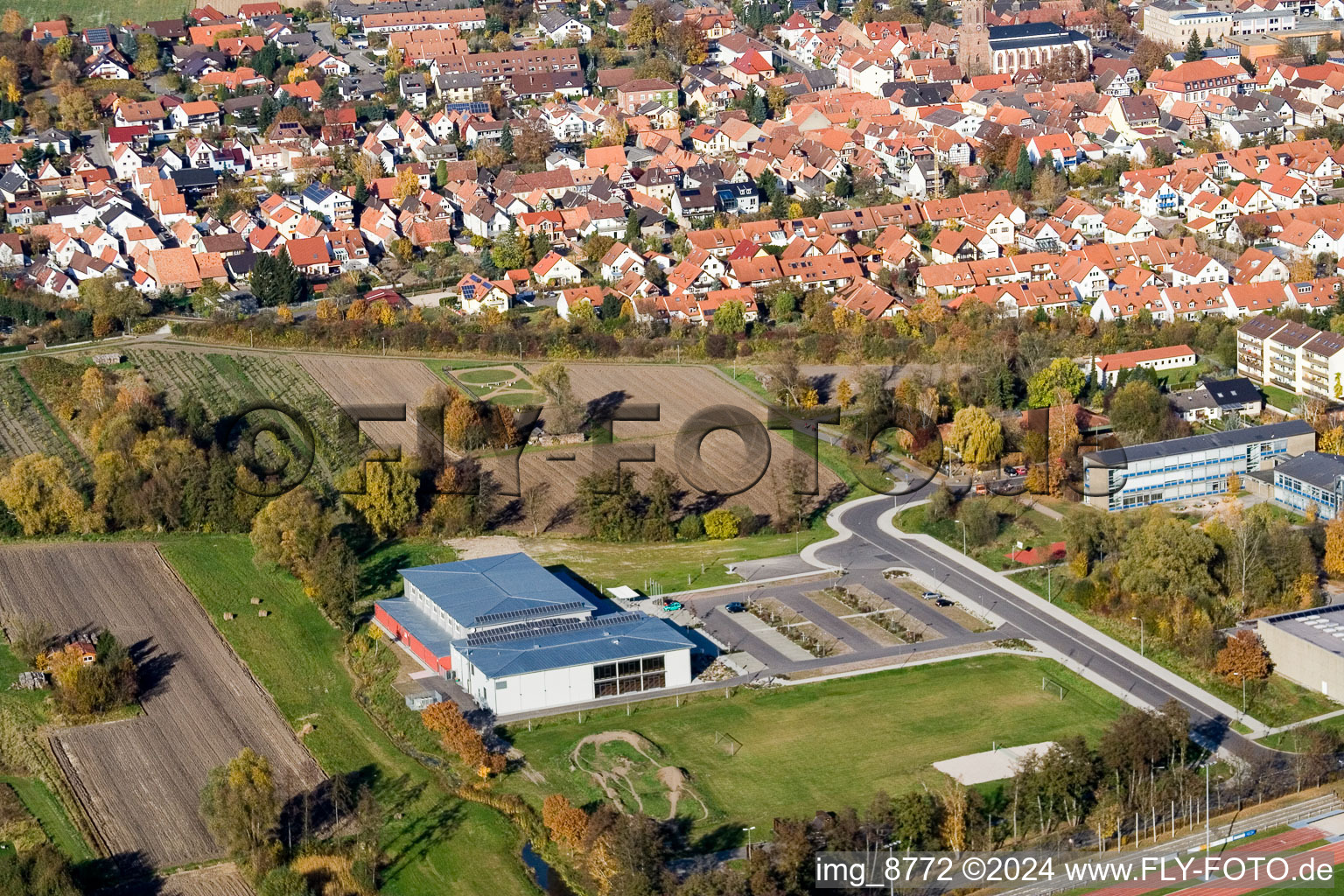 Bienwald Hall in Kandel in the state Rhineland-Palatinate, Germany viewn from the air