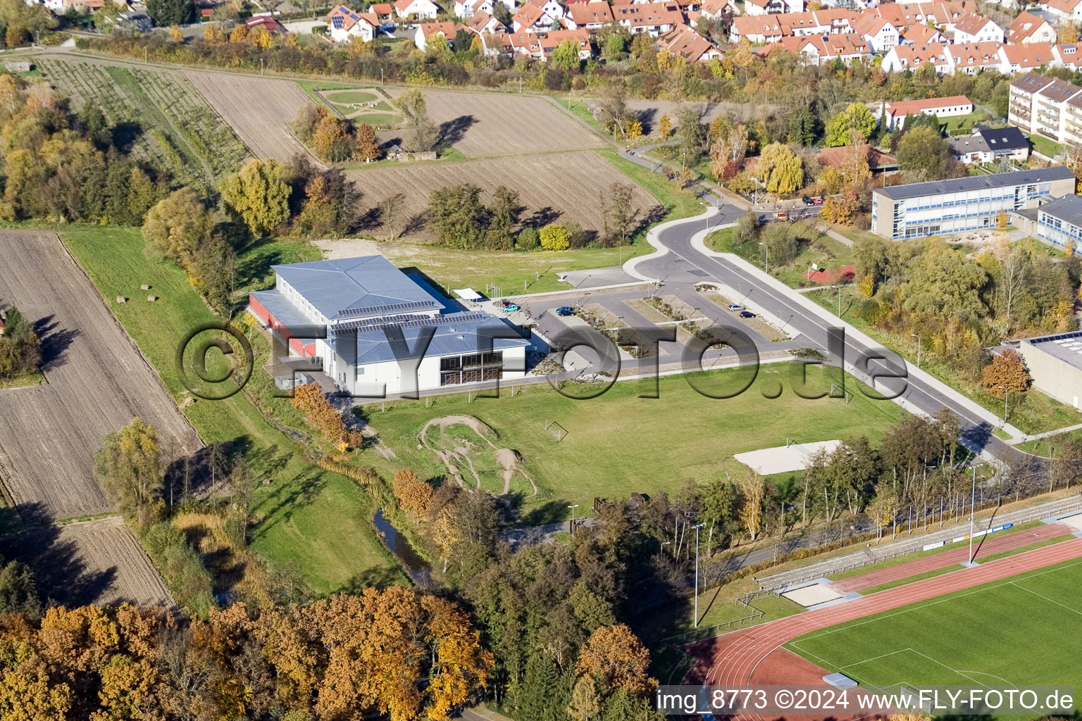 Drone recording of Bienwald Hall in Kandel in the state Rhineland-Palatinate, Germany