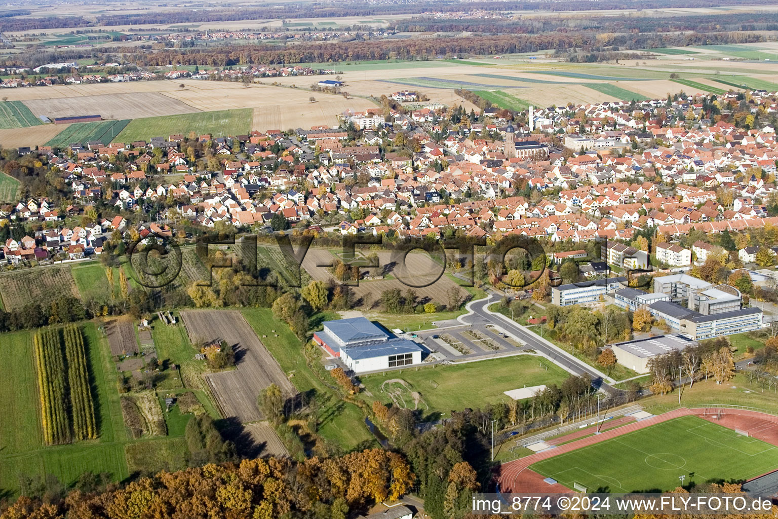 Drone image of Bienwald Hall in Kandel in the state Rhineland-Palatinate, Germany