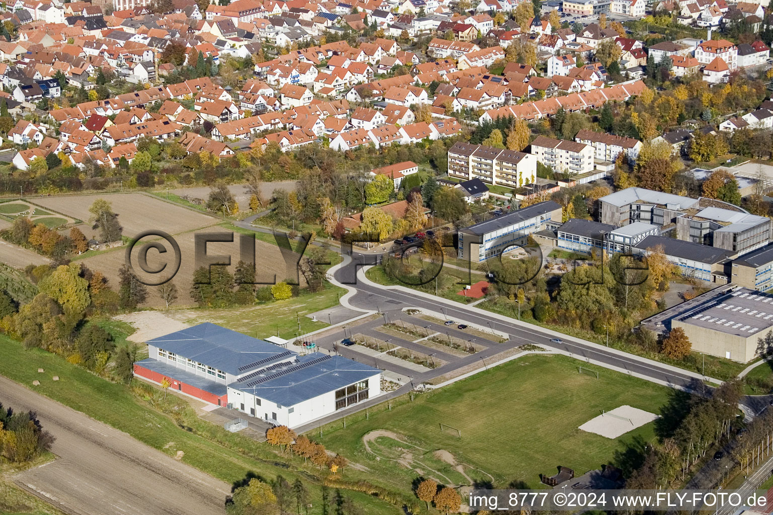 Bienwald Hall in Kandel in the state Rhineland-Palatinate, Germany from a drone