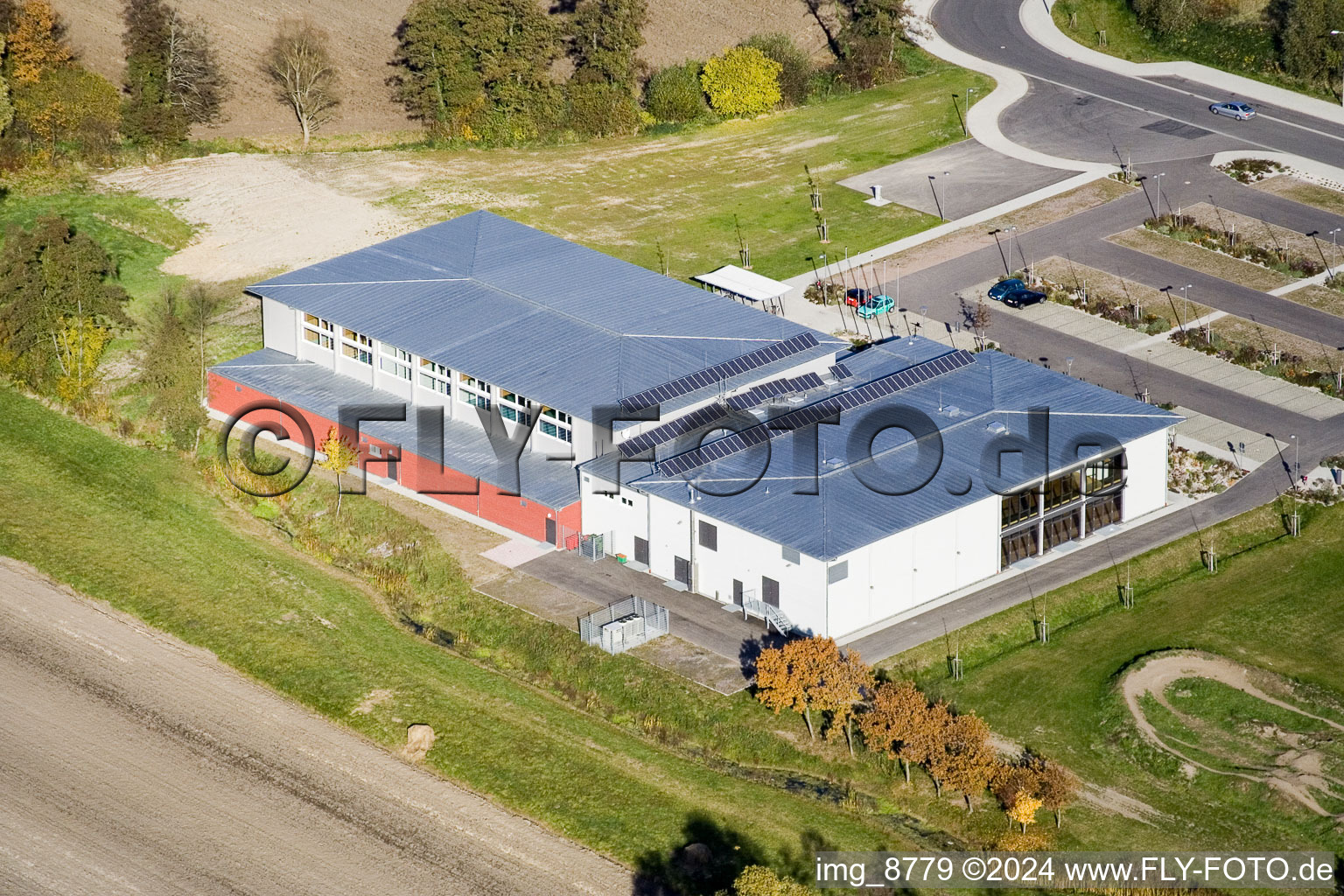 Bienwaldhalle in Kandel in the state Rhineland-Palatinate, Germany seen from a drone