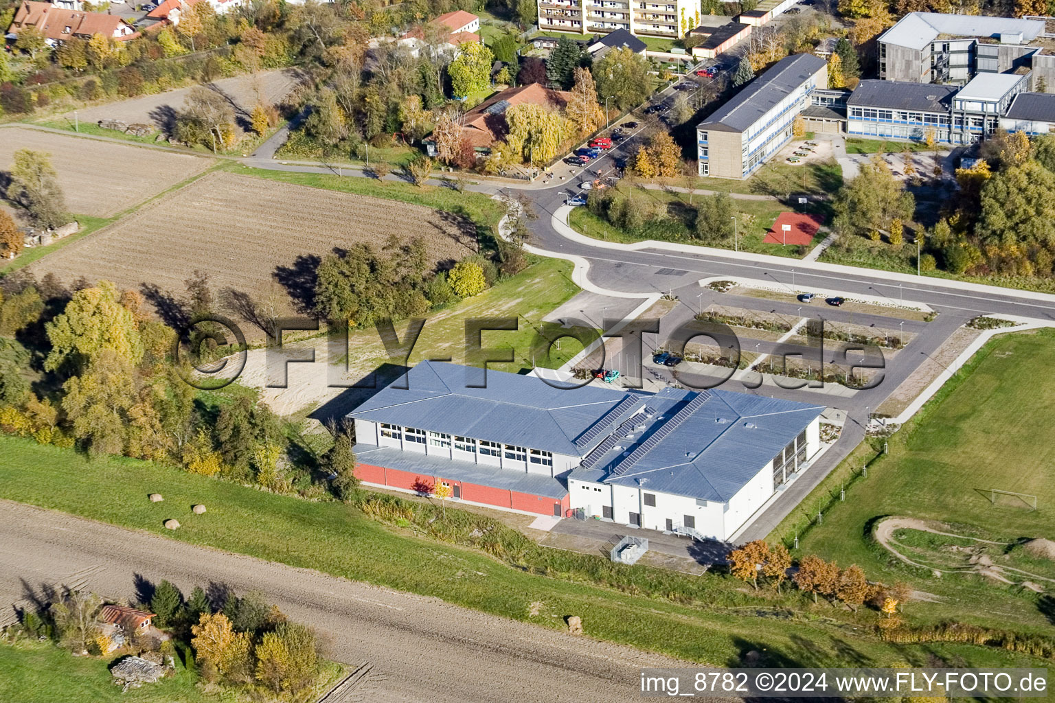 Aerial view of Bienwald Hall in Kandel in the state Rhineland-Palatinate, Germany