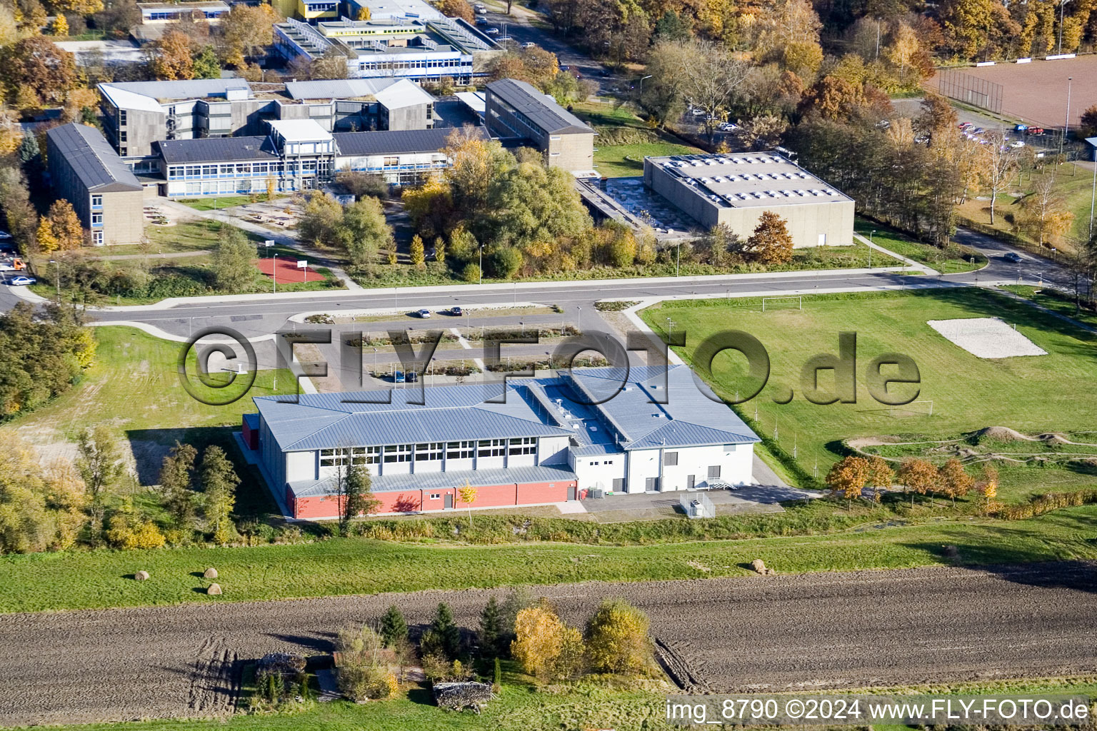 Bienwald Hall in Kandel in the state Rhineland-Palatinate, Germany from above