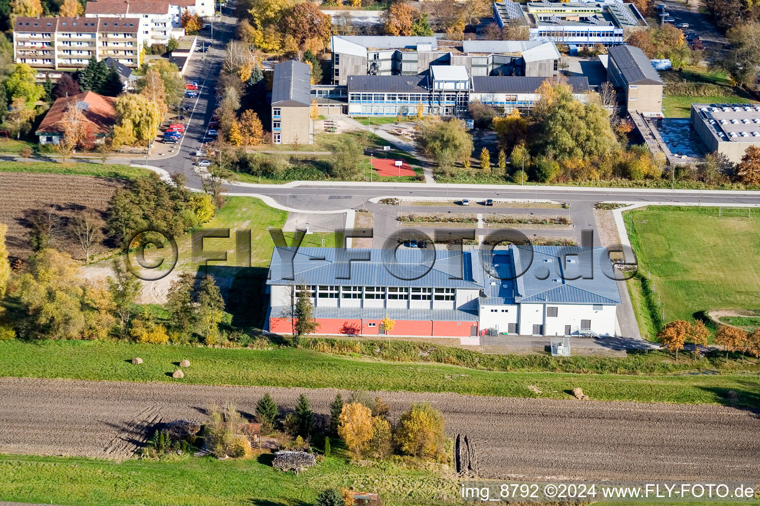 Bienwald Hall in Kandel in the state Rhineland-Palatinate, Germany seen from above