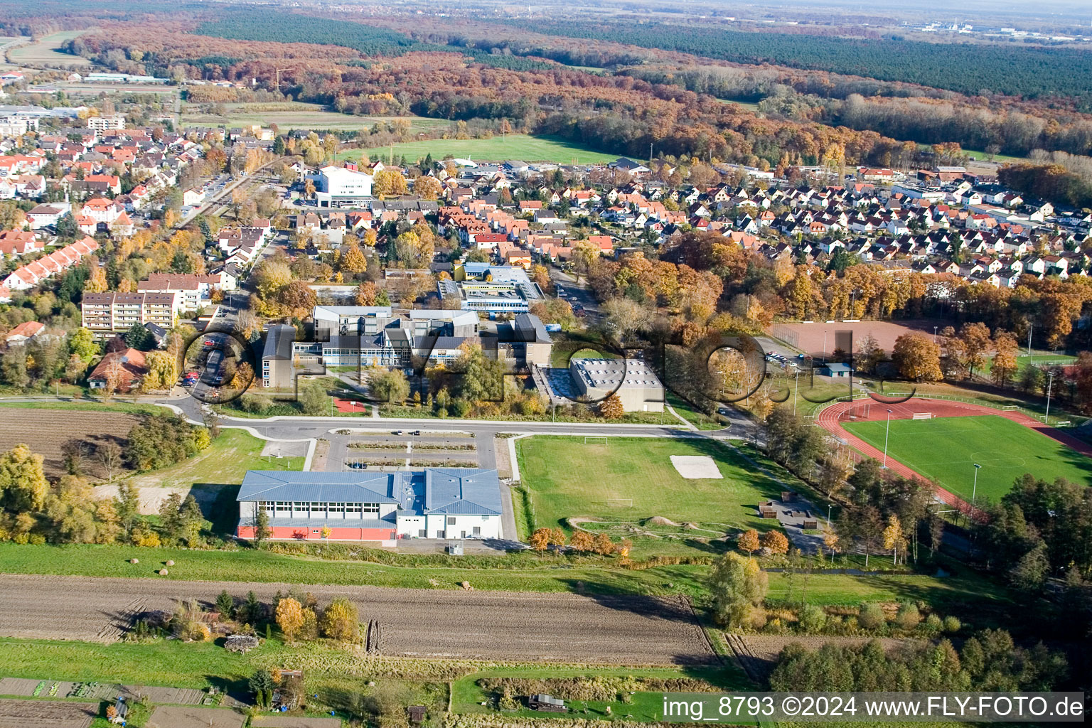 Bienwaldhalle in Kandel in the state Rhineland-Palatinate, Germany from the plane