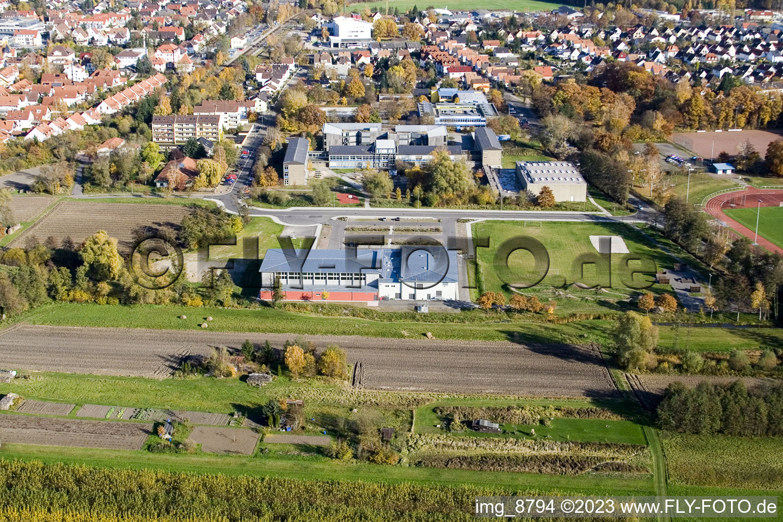 Bird's eye view of Bienwaldhalle in Kandel in the state Rhineland-Palatinate, Germany