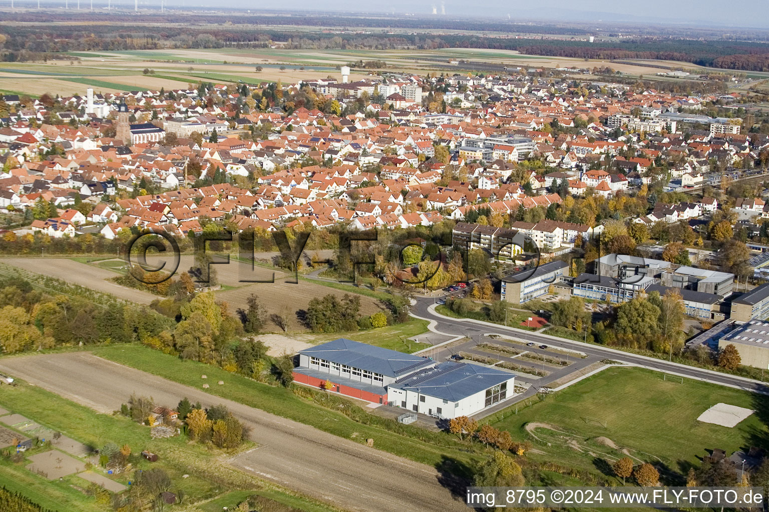 Bienwald Hall in Kandel in the state Rhineland-Palatinate, Germany viewn from the air