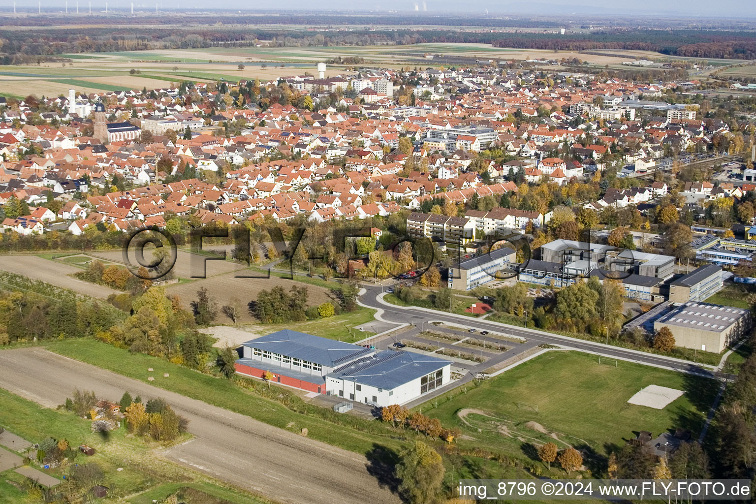 Drone recording of Bienwald Hall in Kandel in the state Rhineland-Palatinate, Germany