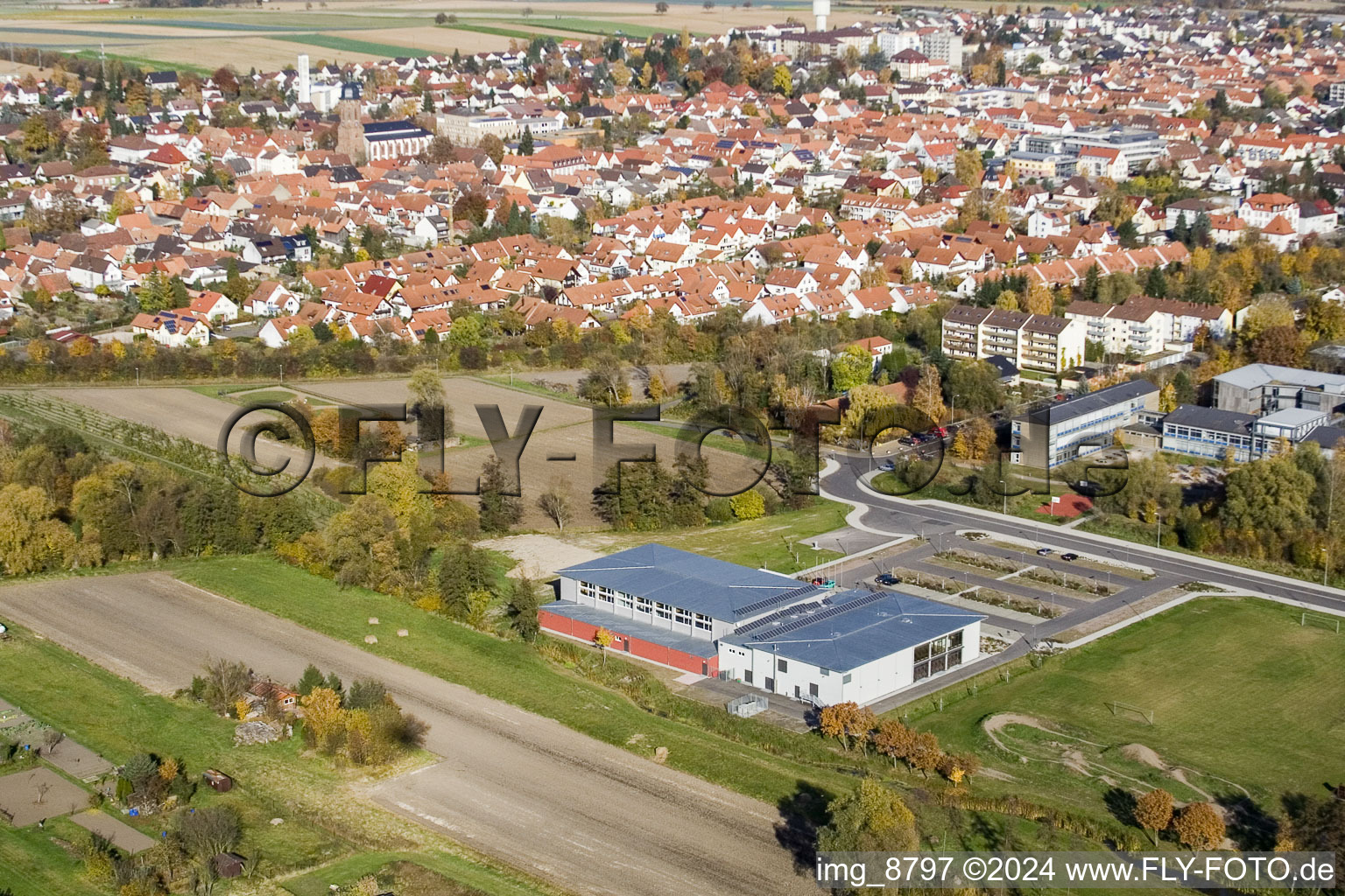 Drone image of Bienwaldhalle in Kandel in the state Rhineland-Palatinate, Germany