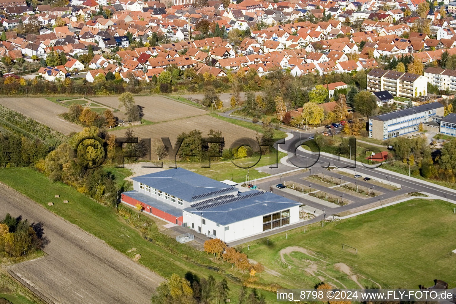 Bienwald Hall in Kandel in the state Rhineland-Palatinate, Germany from the drone perspective