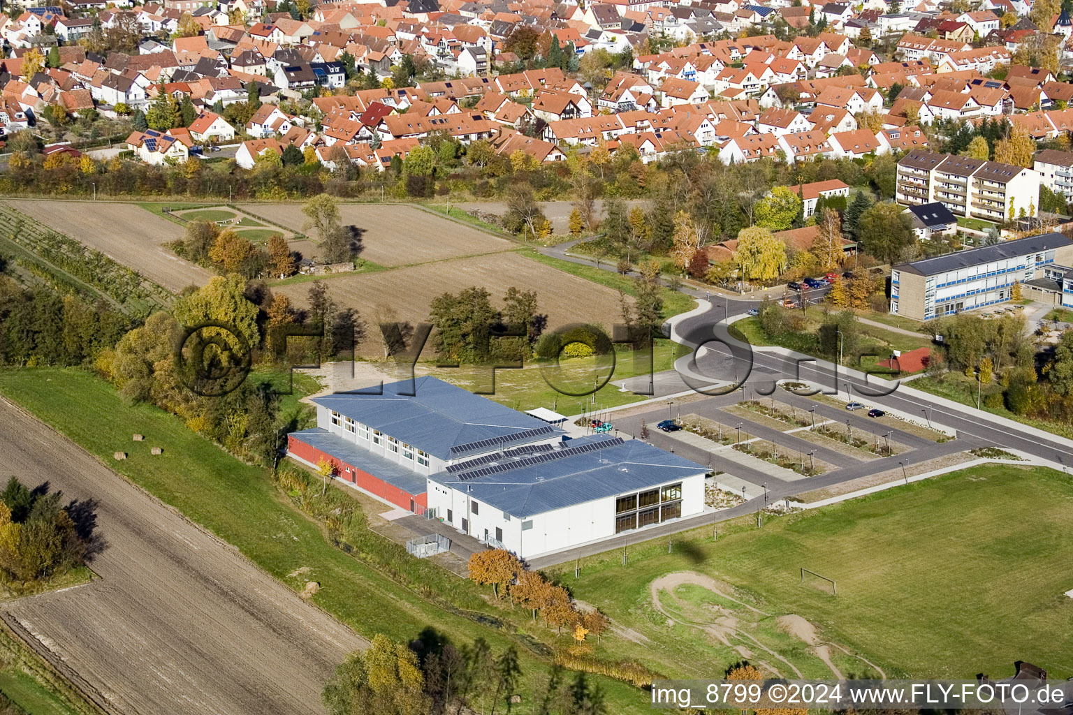 Bienwaldhalle in Kandel in the state Rhineland-Palatinate, Germany from a drone