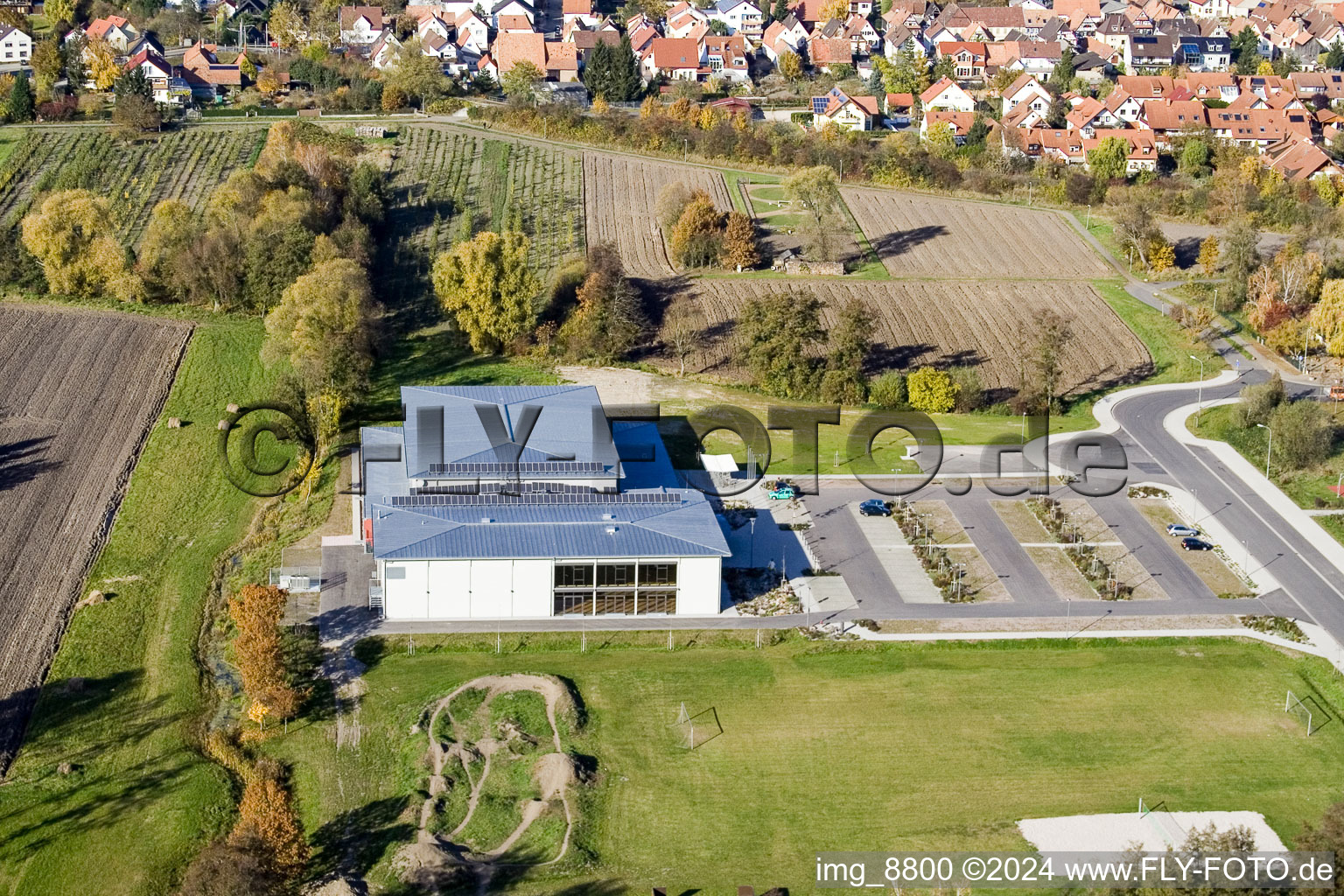 Bienwald Hall in Kandel in the state Rhineland-Palatinate, Germany seen from a drone