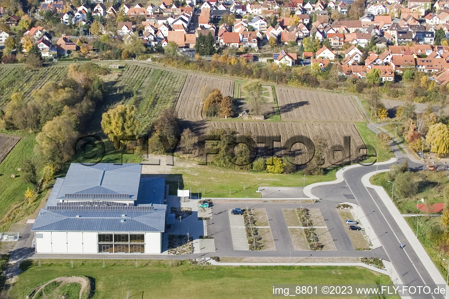 Aerial view of Bienwaldhalle in Kandel in the state Rhineland-Palatinate, Germany