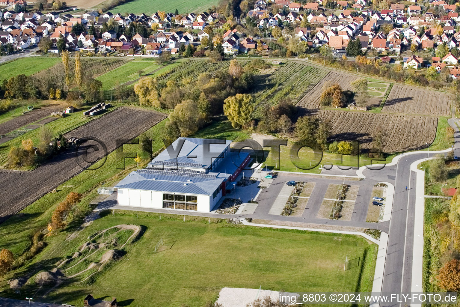 Oblique view of Bienwald Hall in Kandel in the state Rhineland-Palatinate, Germany