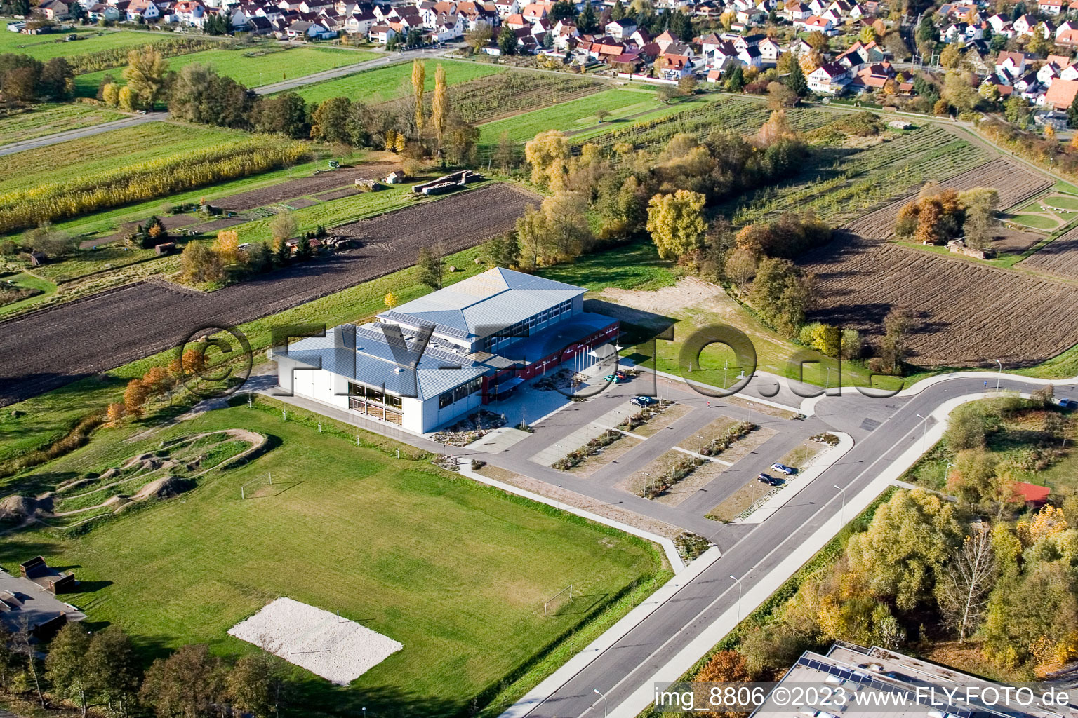 Bienwaldhalle in Kandel in the state Rhineland-Palatinate, Germany from above