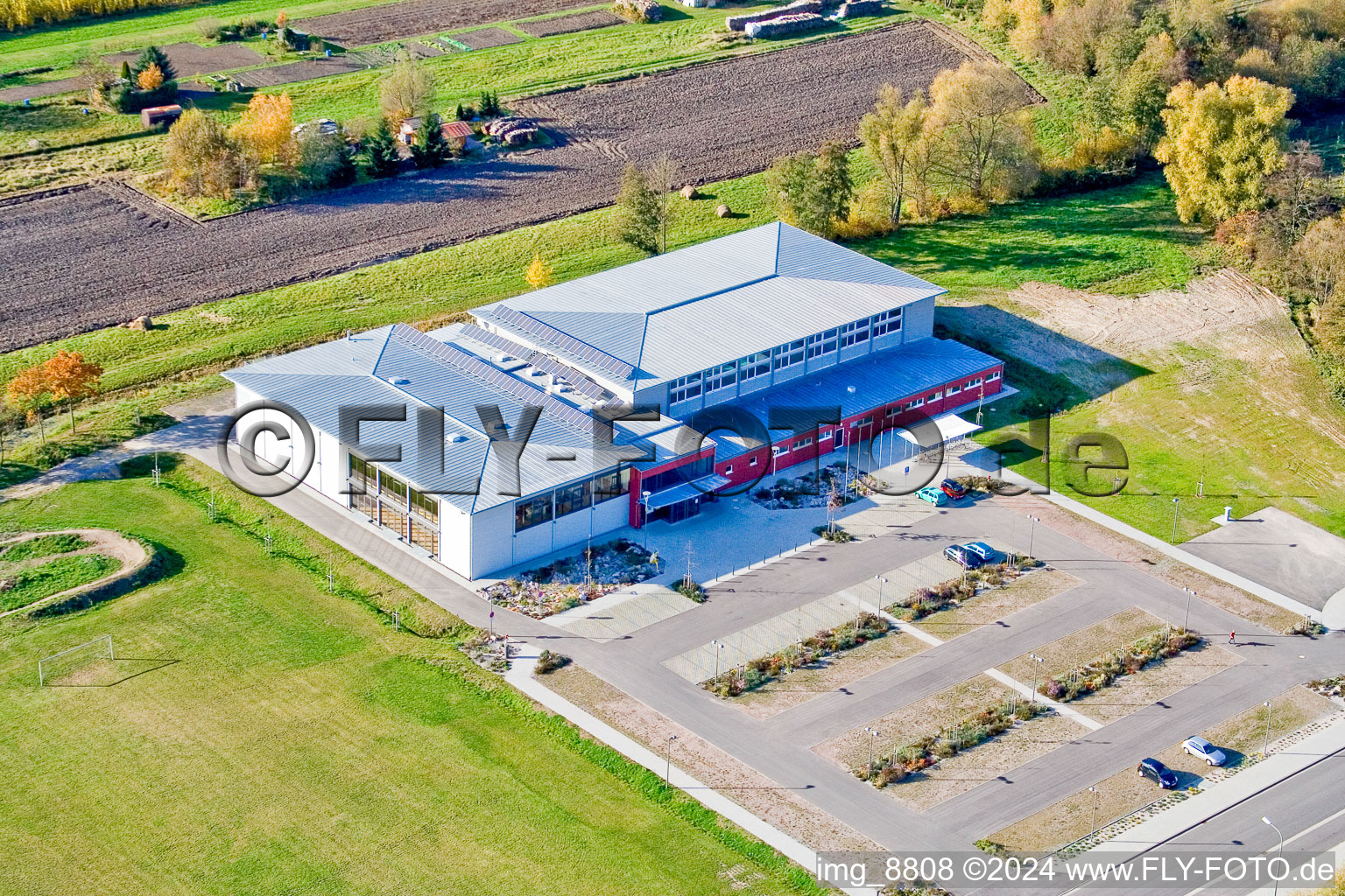 Aerial view of Building of the indoor arena Bienwaldhalle in Kandel in the state Rhineland-Palatinate