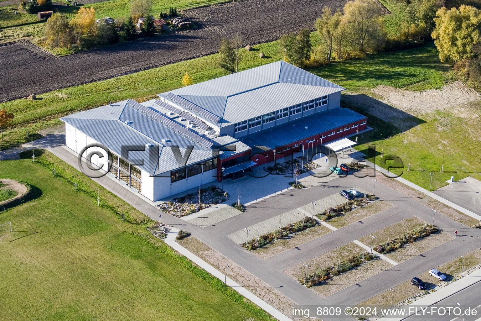 Bienwaldhalle in Kandel in the state Rhineland-Palatinate, Germany seen from above