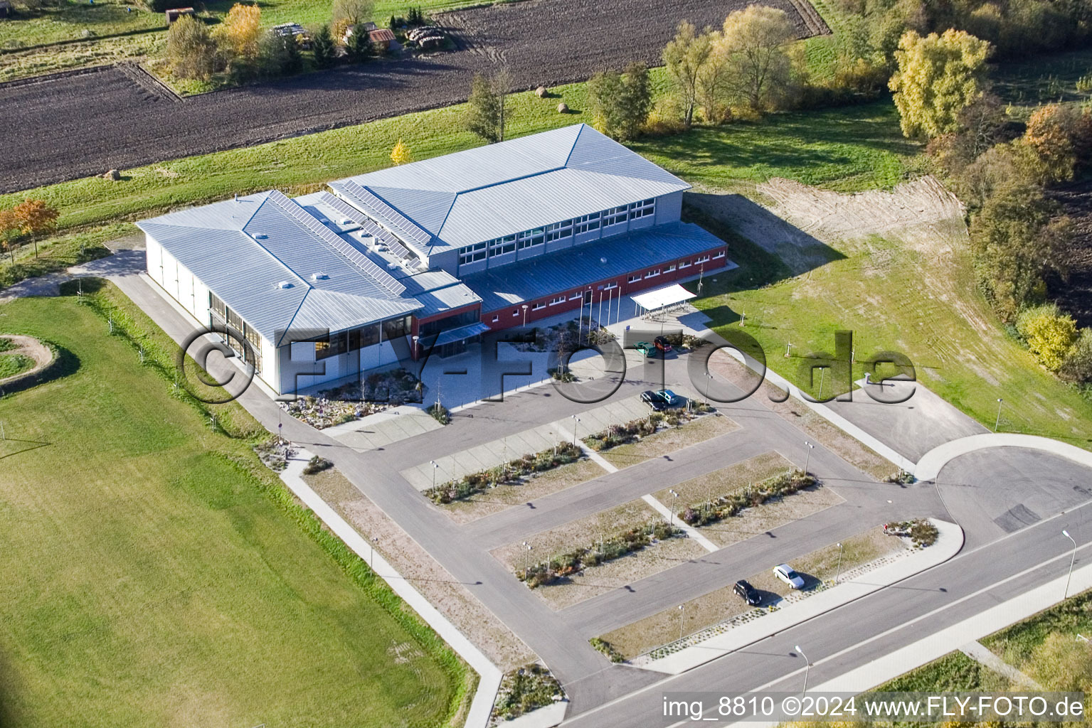 Bienwald Hall in Kandel in the state Rhineland-Palatinate, Germany from the plane