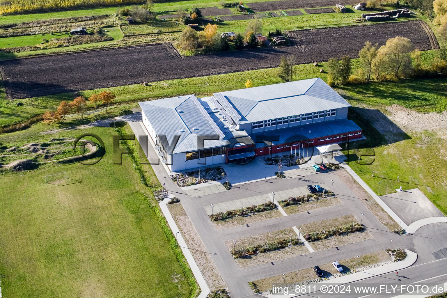 Bird's eye view of Bienwald Hall in Kandel in the state Rhineland-Palatinate, Germany