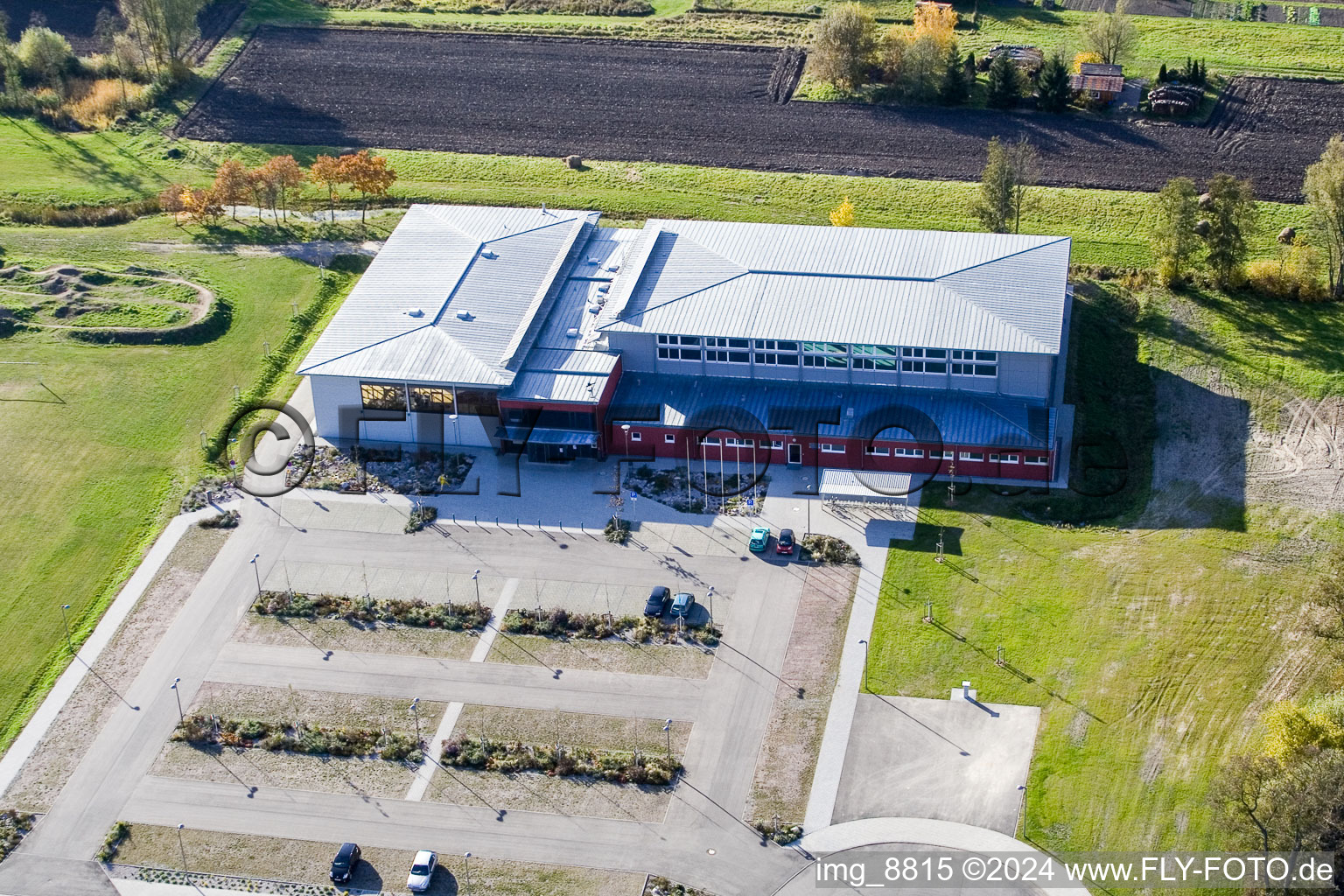 Bienwald Hall in Kandel in the state Rhineland-Palatinate, Germany viewn from the air