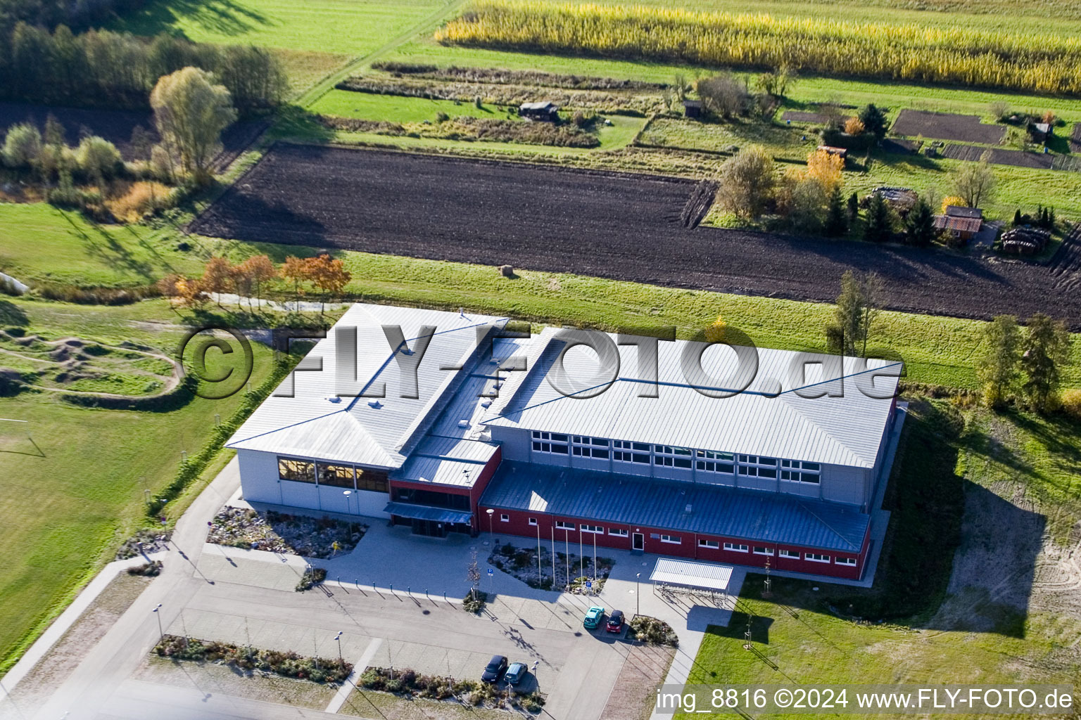 Drone recording of Bienwald Hall in Kandel in the state Rhineland-Palatinate, Germany