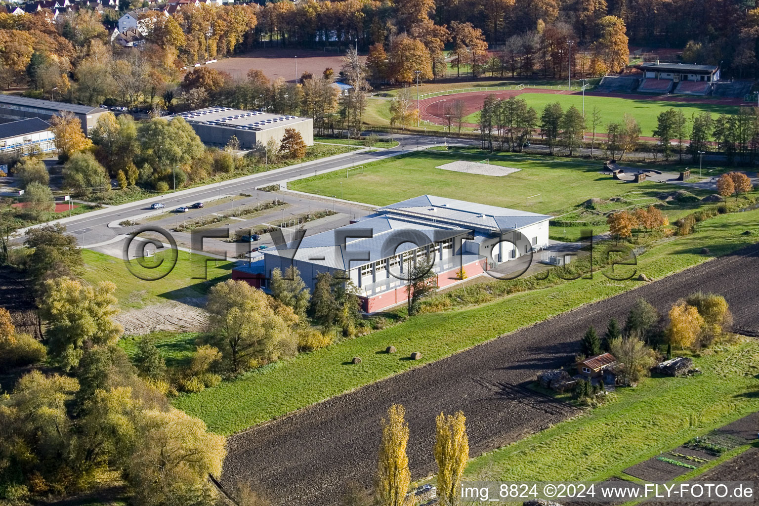 Drone image of Bienwald Hall in Kandel in the state Rhineland-Palatinate, Germany