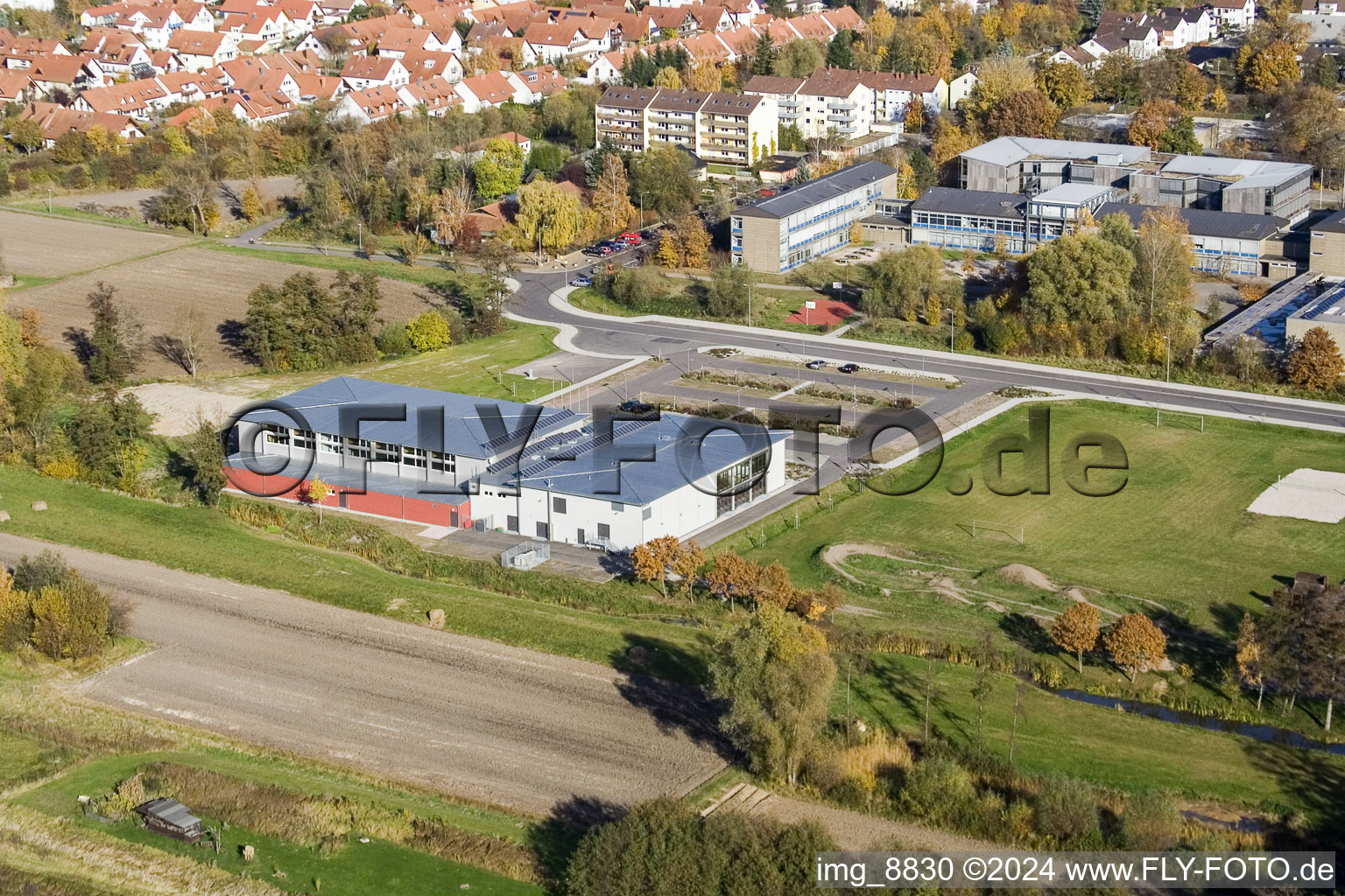 Bienwald Hall in Kandel in the state Rhineland-Palatinate, Germany from the drone perspective