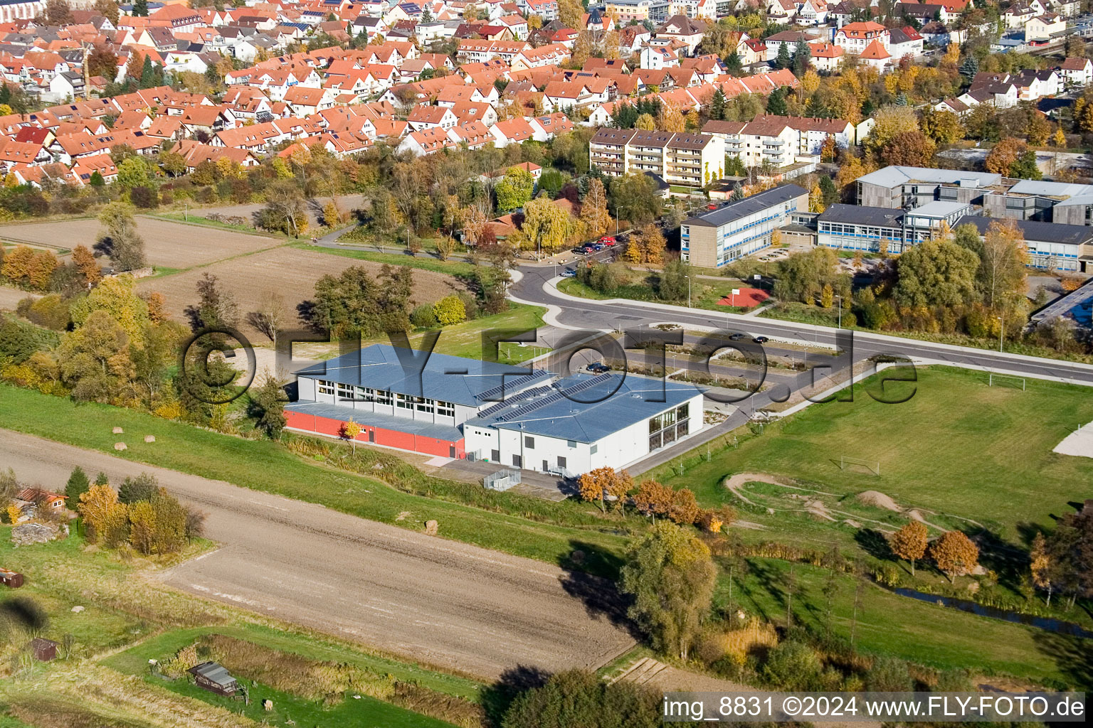 Bienwald Hall in Kandel in the state Rhineland-Palatinate, Germany from a drone