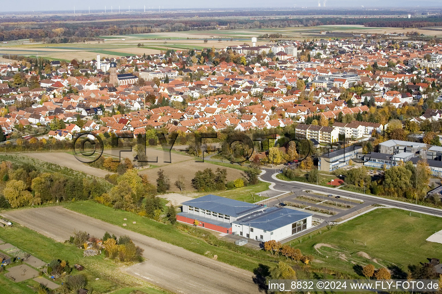 Bienwald Hall in Kandel in the state Rhineland-Palatinate, Germany seen from a drone