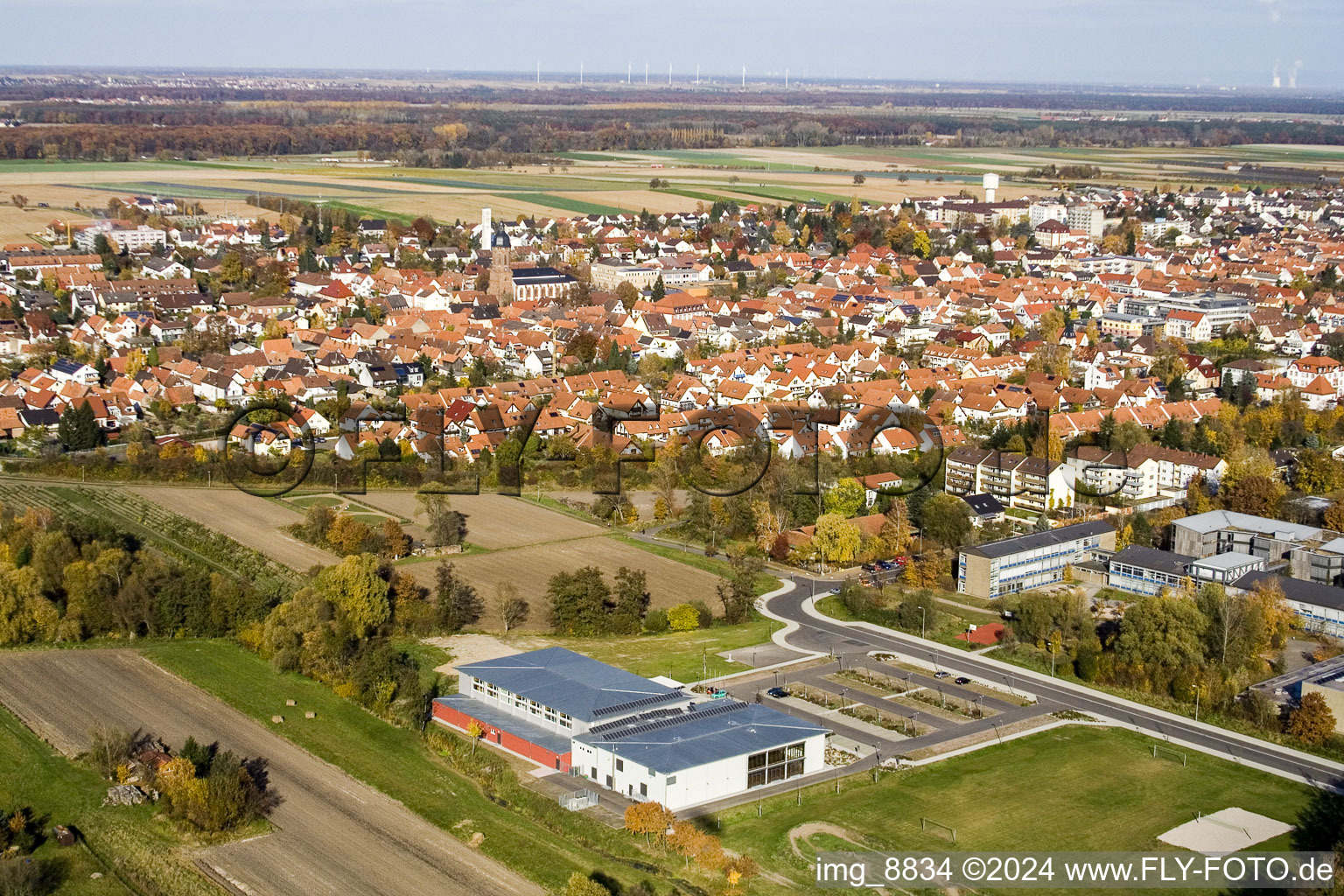 Aerial view of Bienwald Hall in Kandel in the state Rhineland-Palatinate, Germany