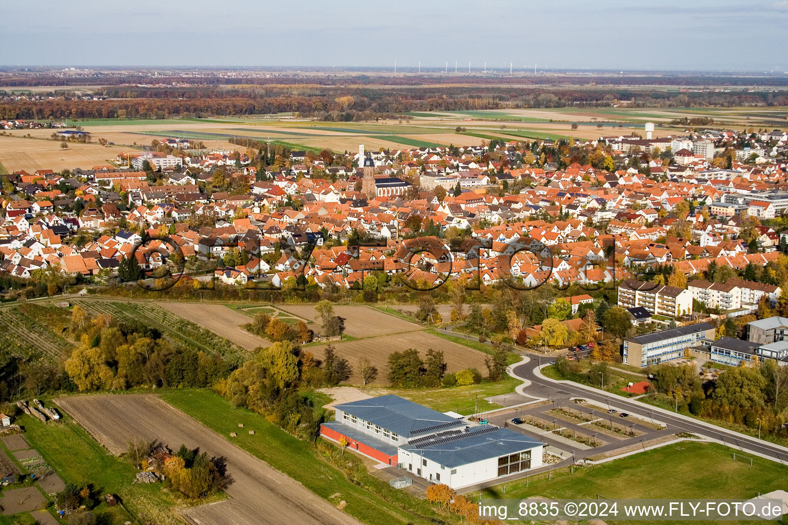 Aerial photograpy of Bienwald Hall in Kandel in the state Rhineland-Palatinate, Germany