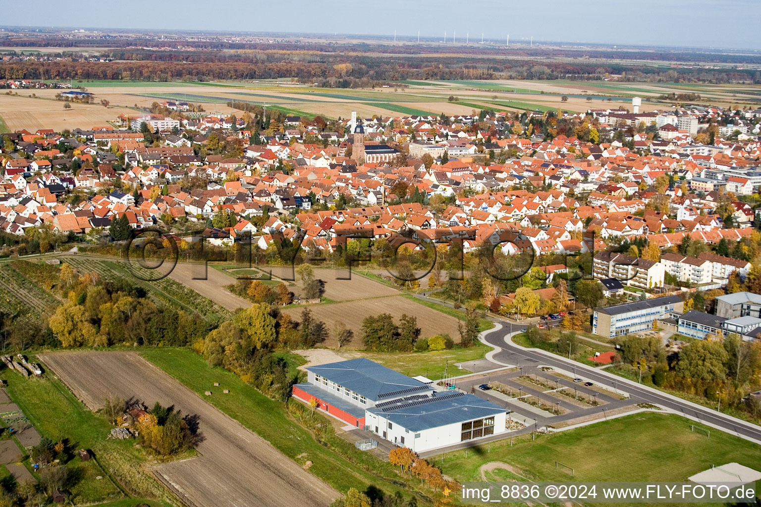 Oblique view of Bienwaldhalle in Kandel in the state Rhineland-Palatinate, Germany