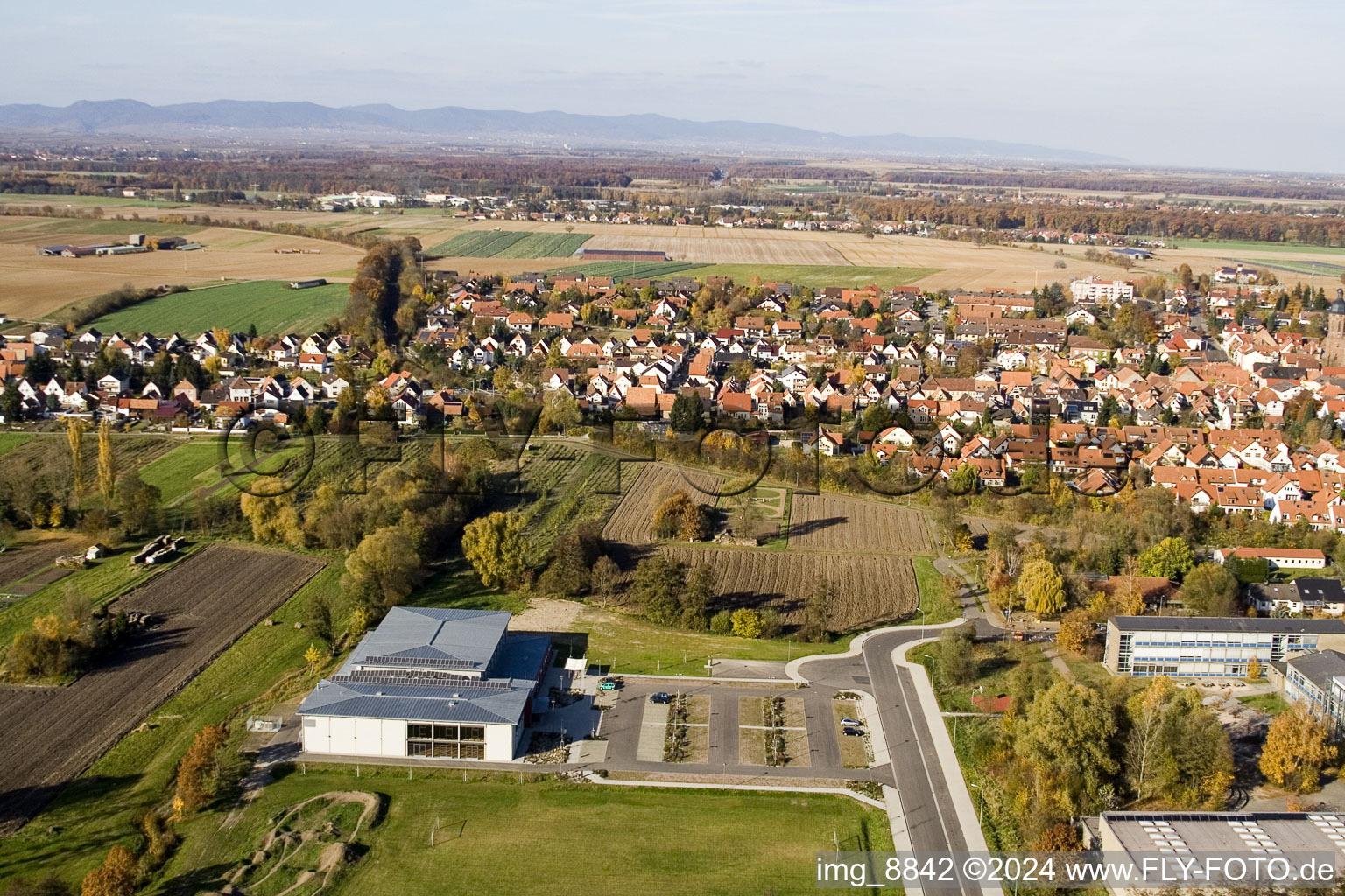 Bienwald Hall in Kandel in the state Rhineland-Palatinate, Germany seen from above