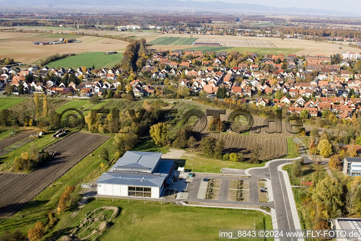 Bienwald Hall in Kandel in the state Rhineland-Palatinate, Germany from the plane