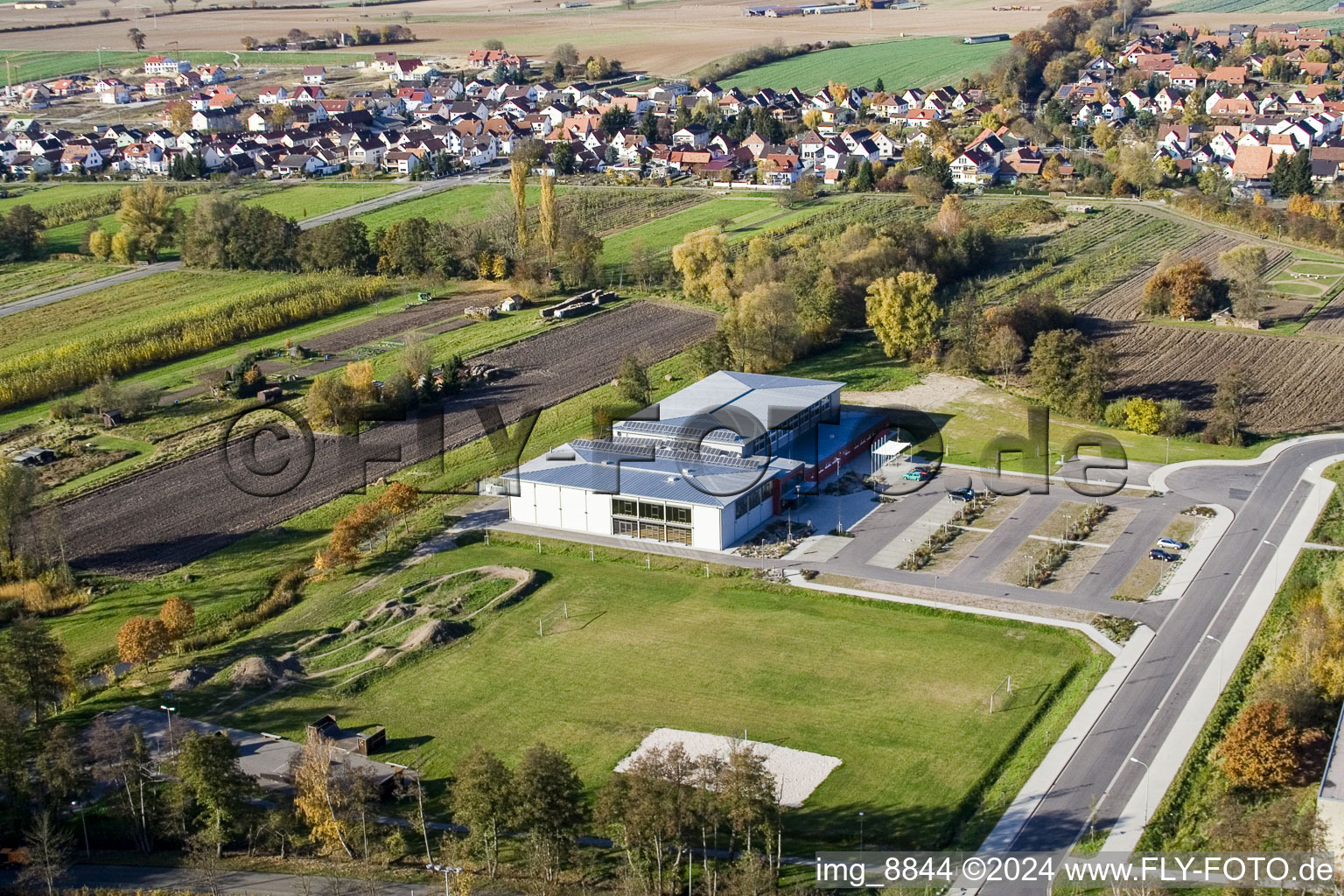 Bird's eye view of Bienwaldhalle in Kandel in the state Rhineland-Palatinate, Germany