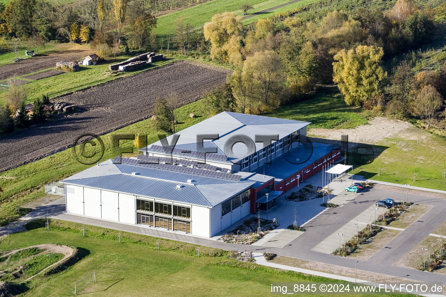 Bienwald Hall in Kandel in the state Rhineland-Palatinate, Germany viewn from the air