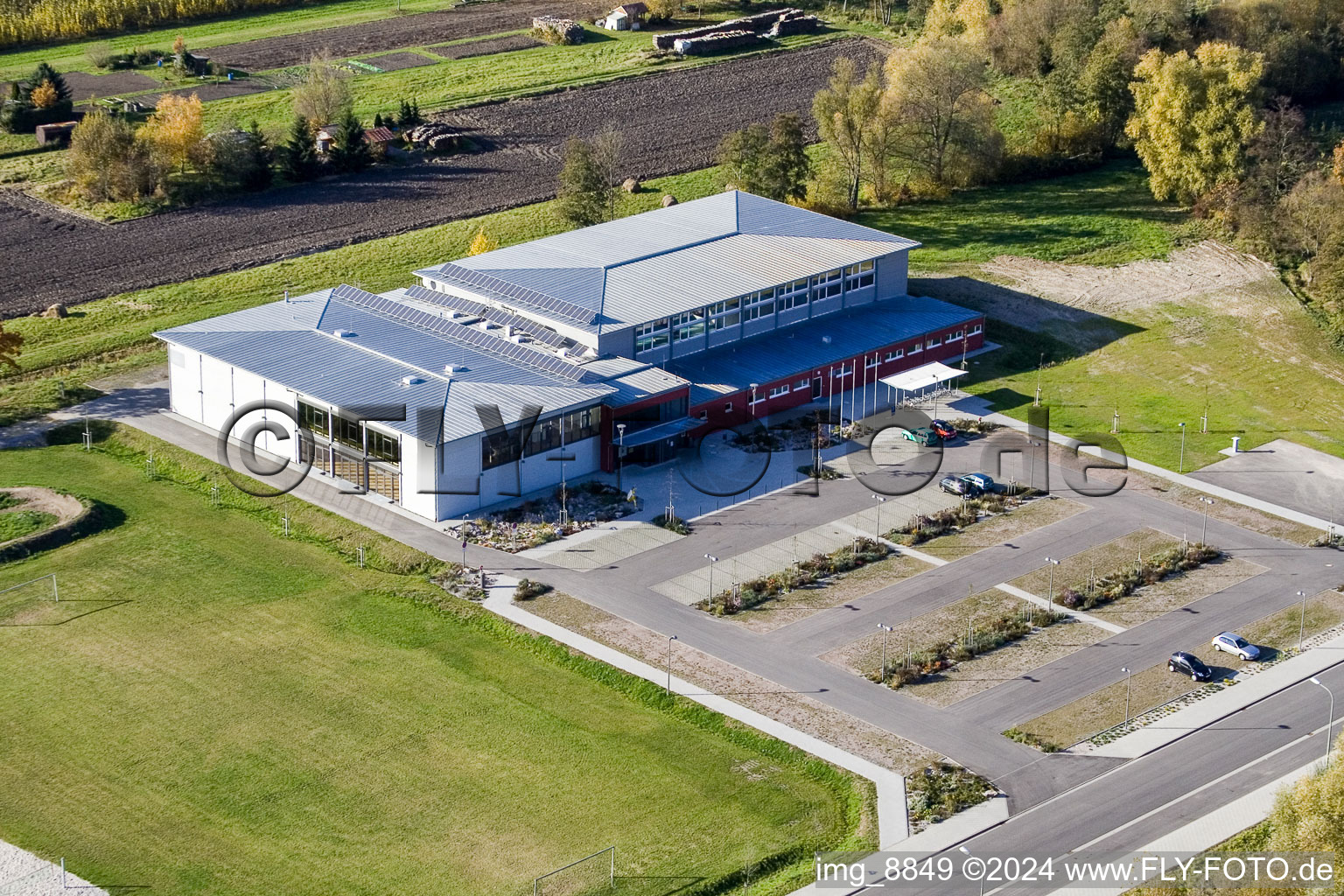 Drone image of Bienwald Hall in Kandel in the state Rhineland-Palatinate, Germany