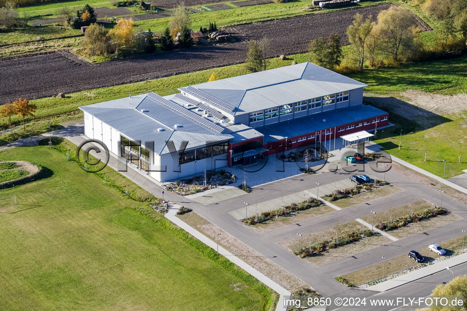 Bienwald Hall in Kandel in the state Rhineland-Palatinate, Germany from the drone perspective