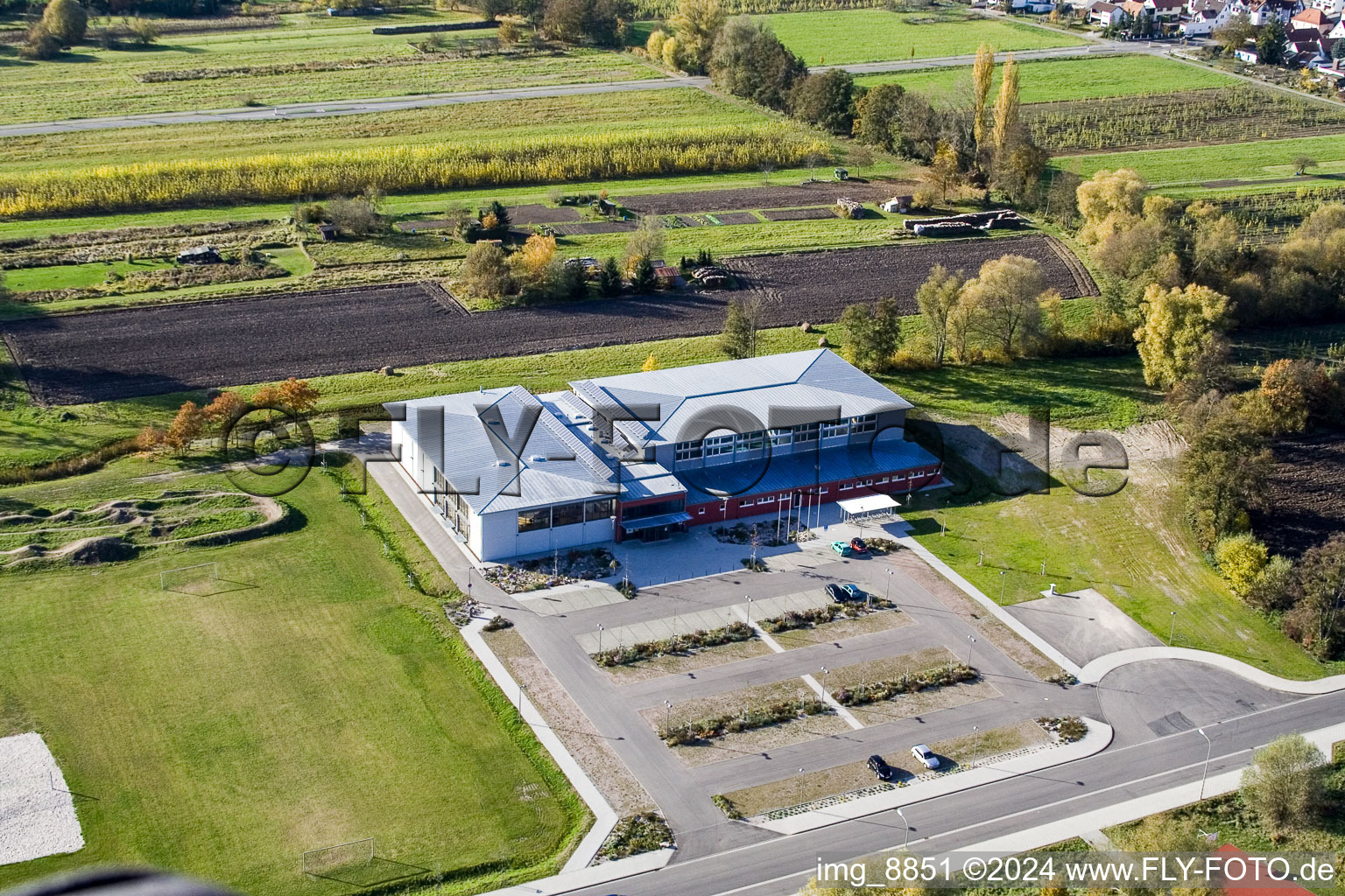 Bienwald Hall in Kandel in the state Rhineland-Palatinate, Germany from a drone