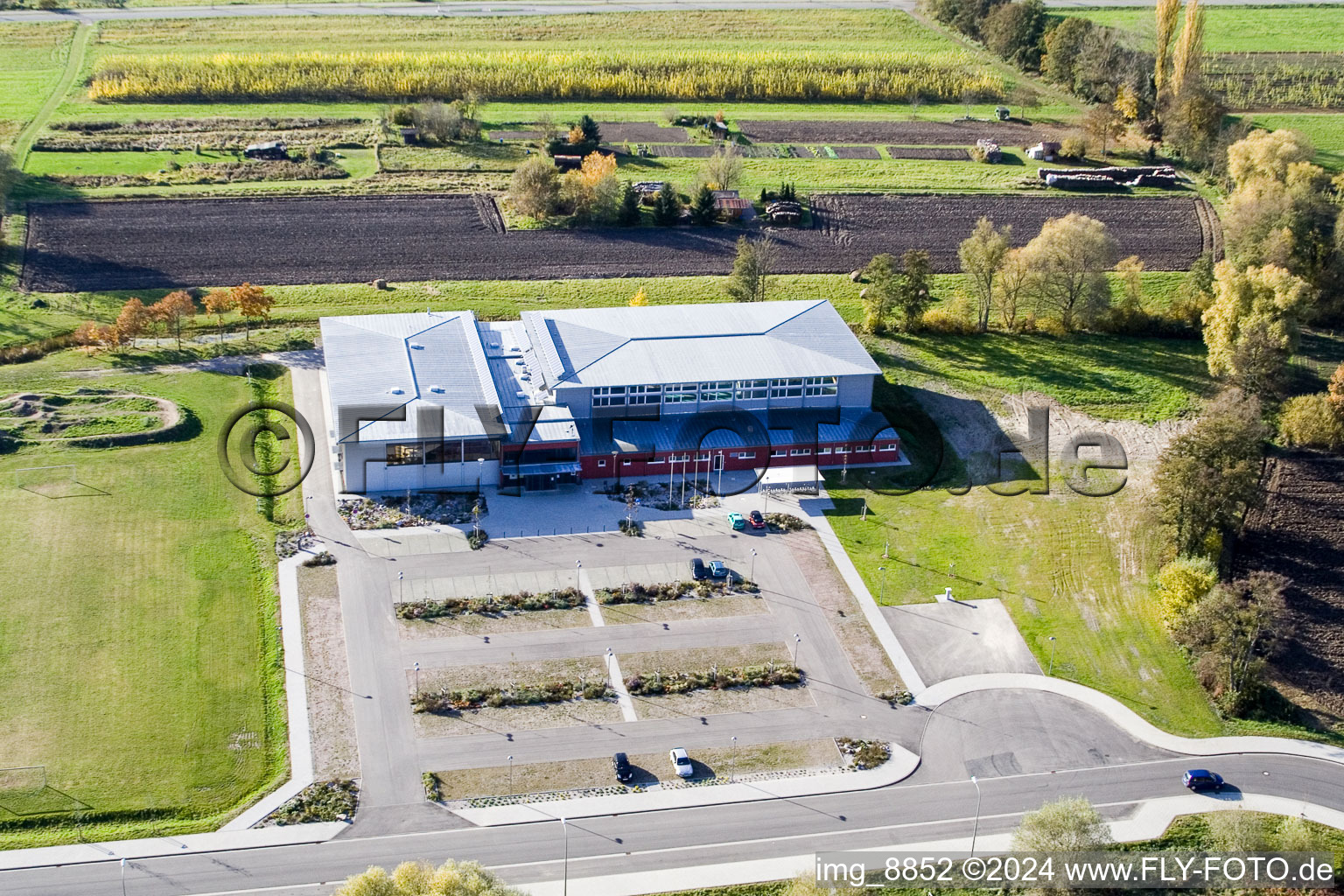 Bienwald Hall in Kandel in the state Rhineland-Palatinate, Germany seen from a drone