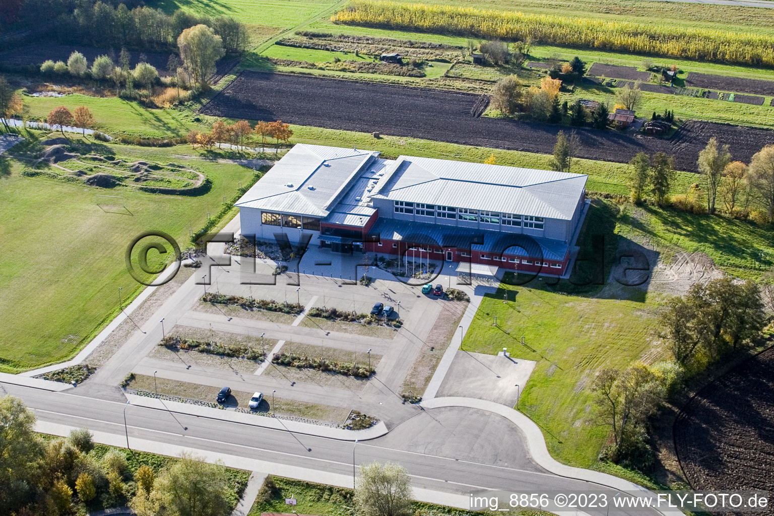 Aerial view of Bienwaldhalle in Kandel in the state Rhineland-Palatinate, Germany